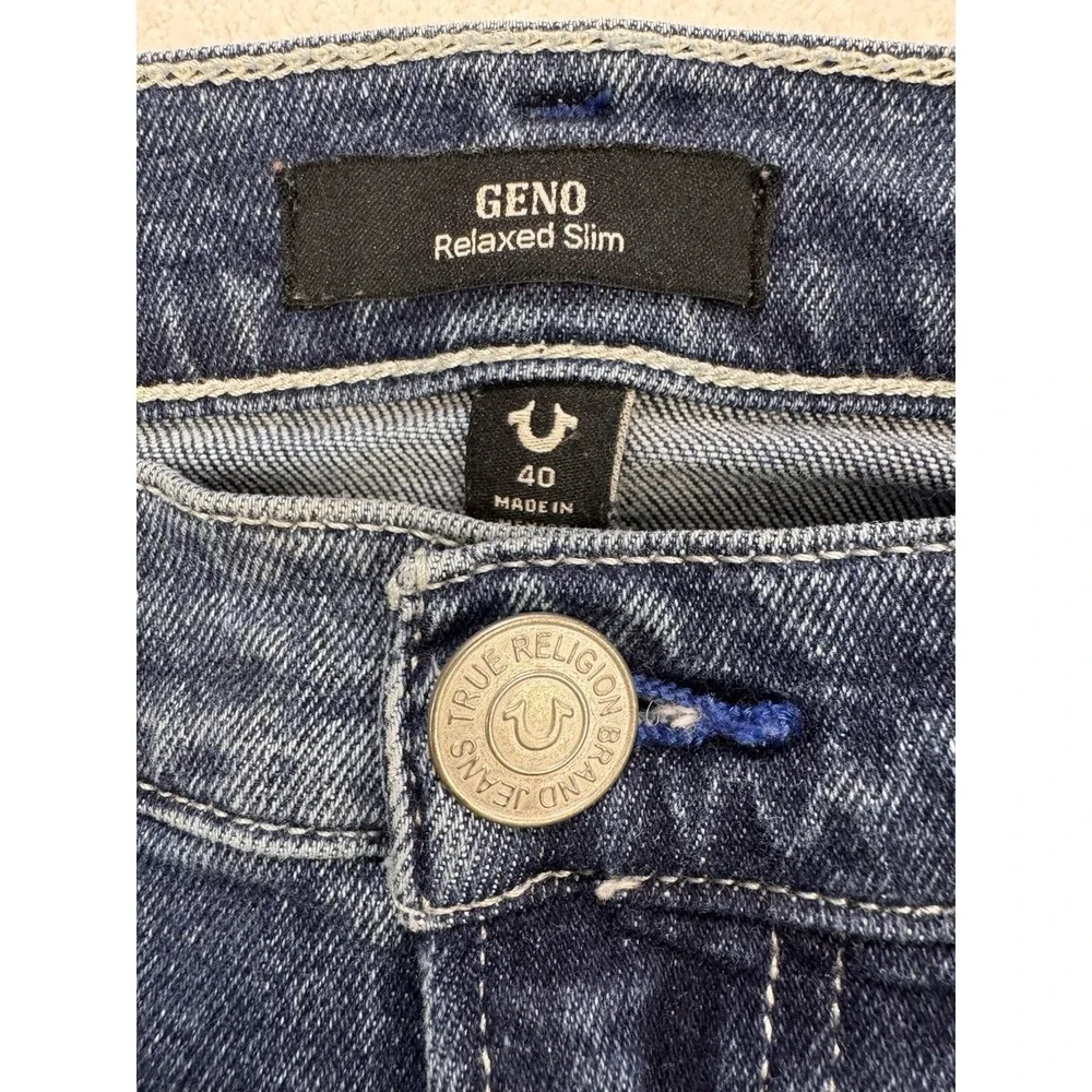 True Religion Geno Jeans Men 40x32 Blue Relaxed Slim Distress Whiskered Denim‎